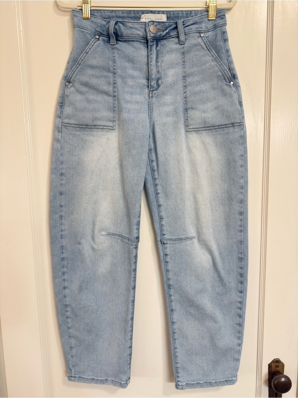 Risen Light Blue Women’s Barrel Jeans with Front Patch Pockets